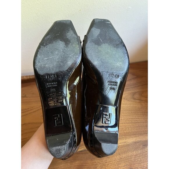Fendi Brown Patent Leather Kitten Heel Ballet Toe Shoe Chunky Buckle Top Size 39 - Picture 8 of 9